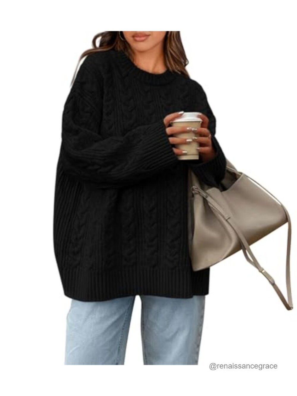 Oversized Cable Knit Sweater Crewneck Chunky Pullover Long Sleeve